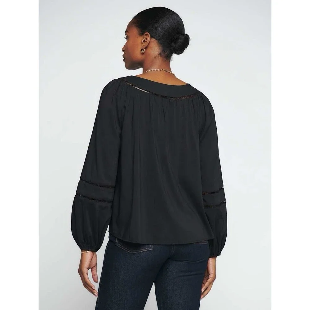 Reformation Black Square Neck Long Puff Sleeve Suzanne Boho Blouse Size Large